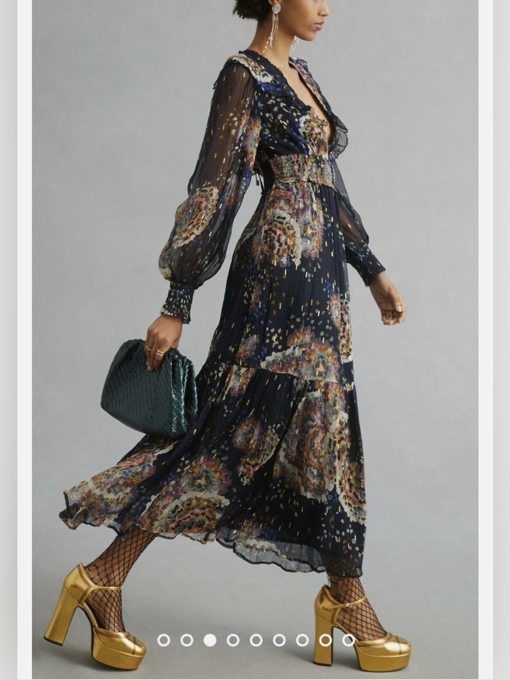 Anthropologie Black Colorful Metallic Smocked V-neck Maxi Dress XS